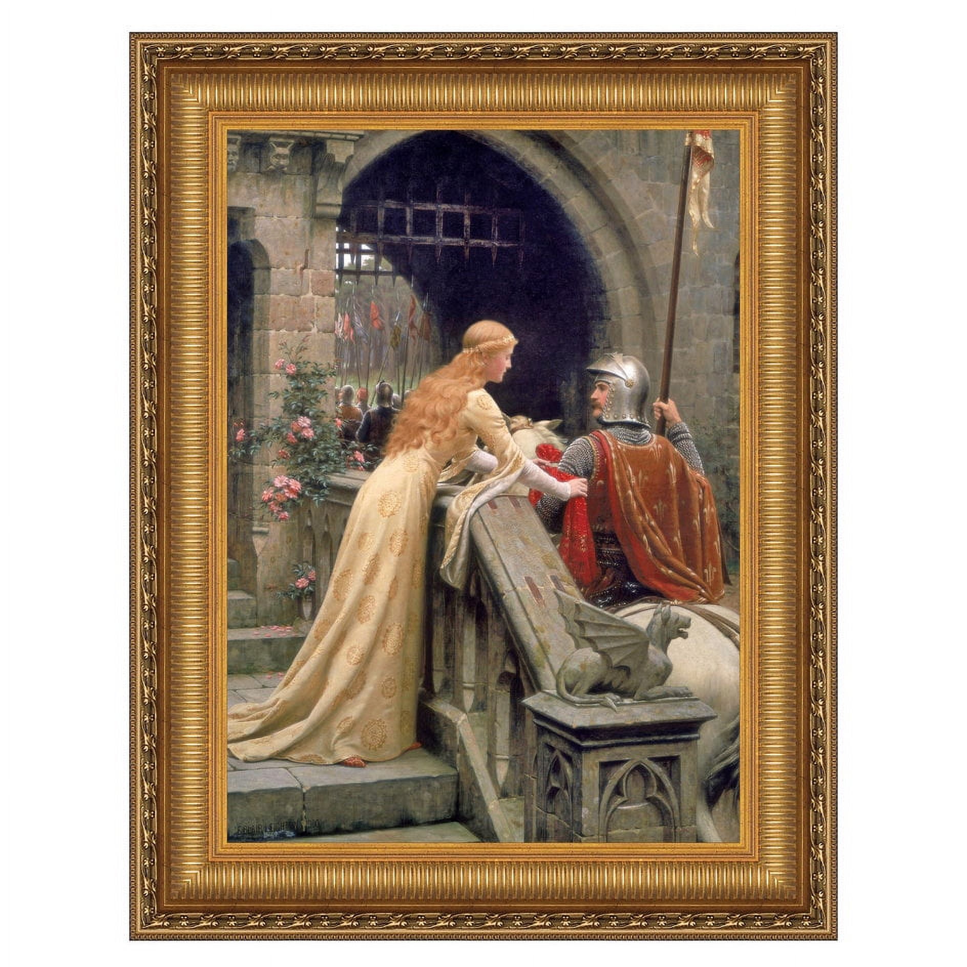Victorian Medieval Princess and Knight Canvas Painting with Gold Frame