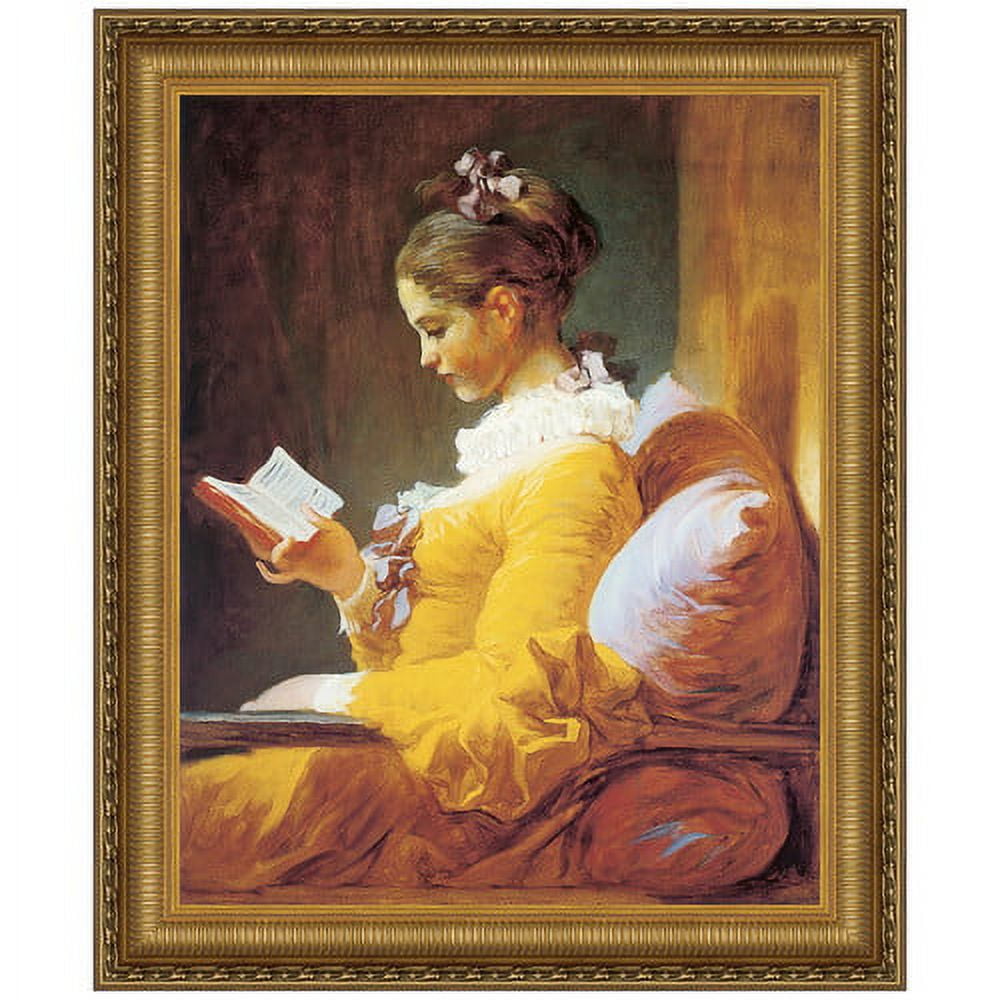 Golden Framed Canvas Art of Girl Reading in Yellow Dress