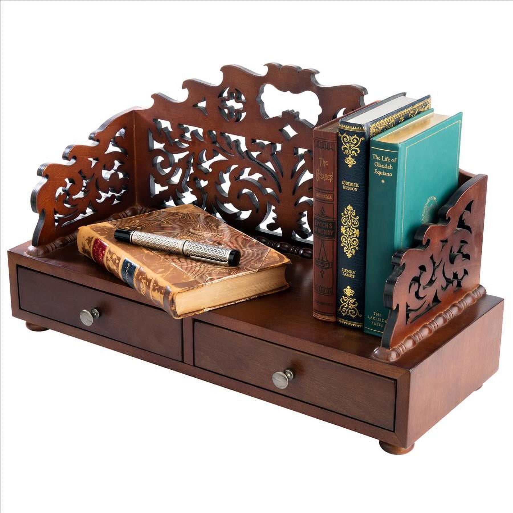 Antiquarian Floral Tracery Hardwood Desktop Organizer with Faux Brass Handles