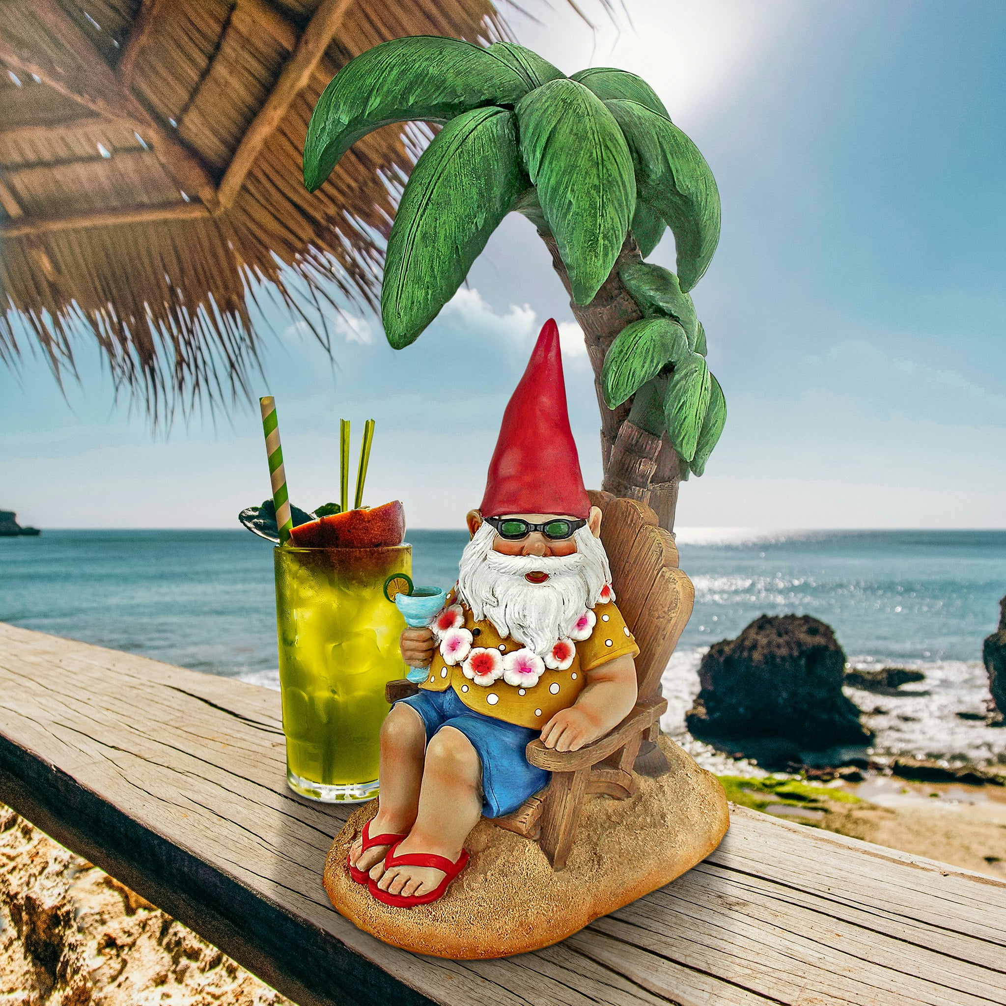 Tropical Beach Comber Gnome with Palm Tree Resin Statue