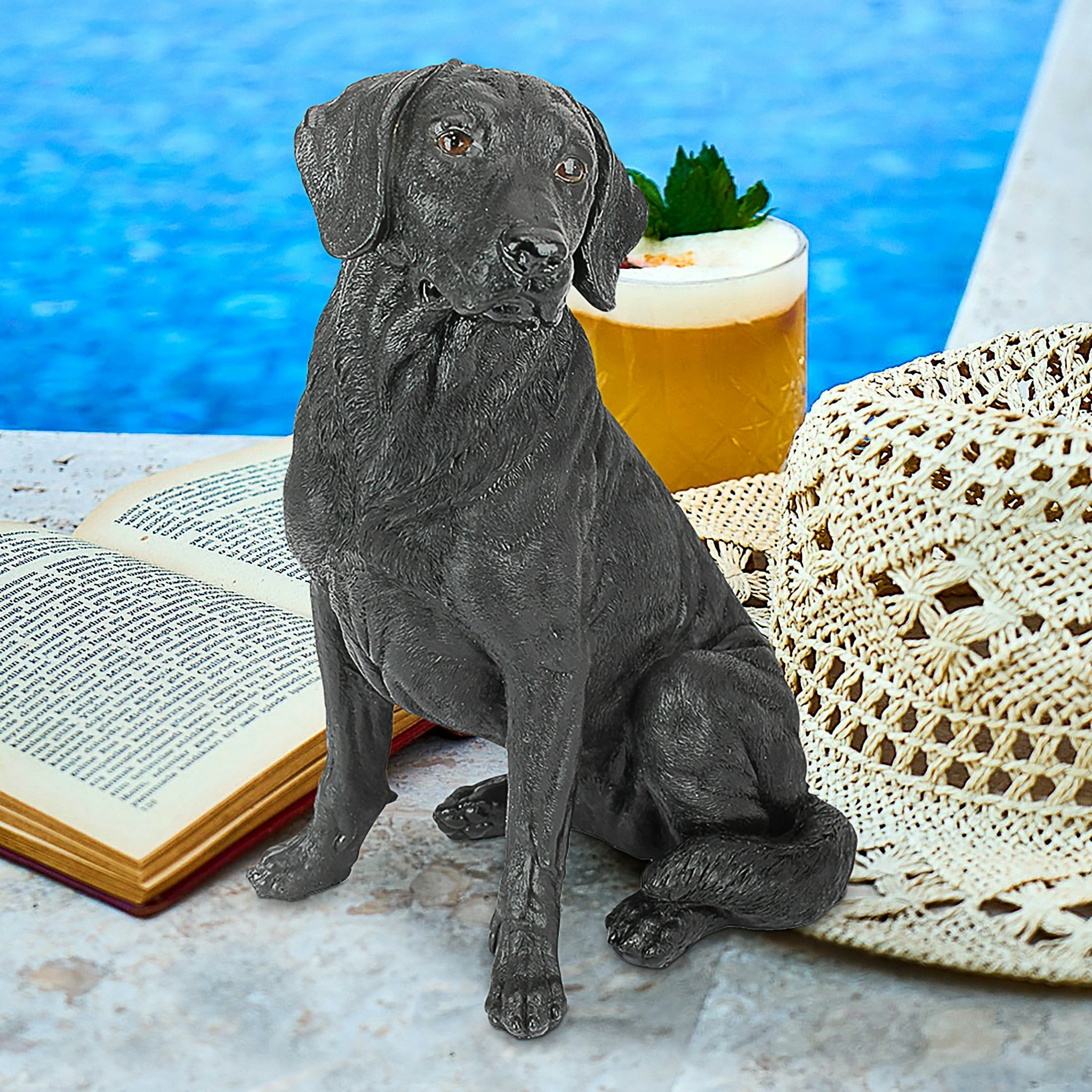 Black Resin Labrador Retriever Dog Garden Statue, 15.5 Inches Tall