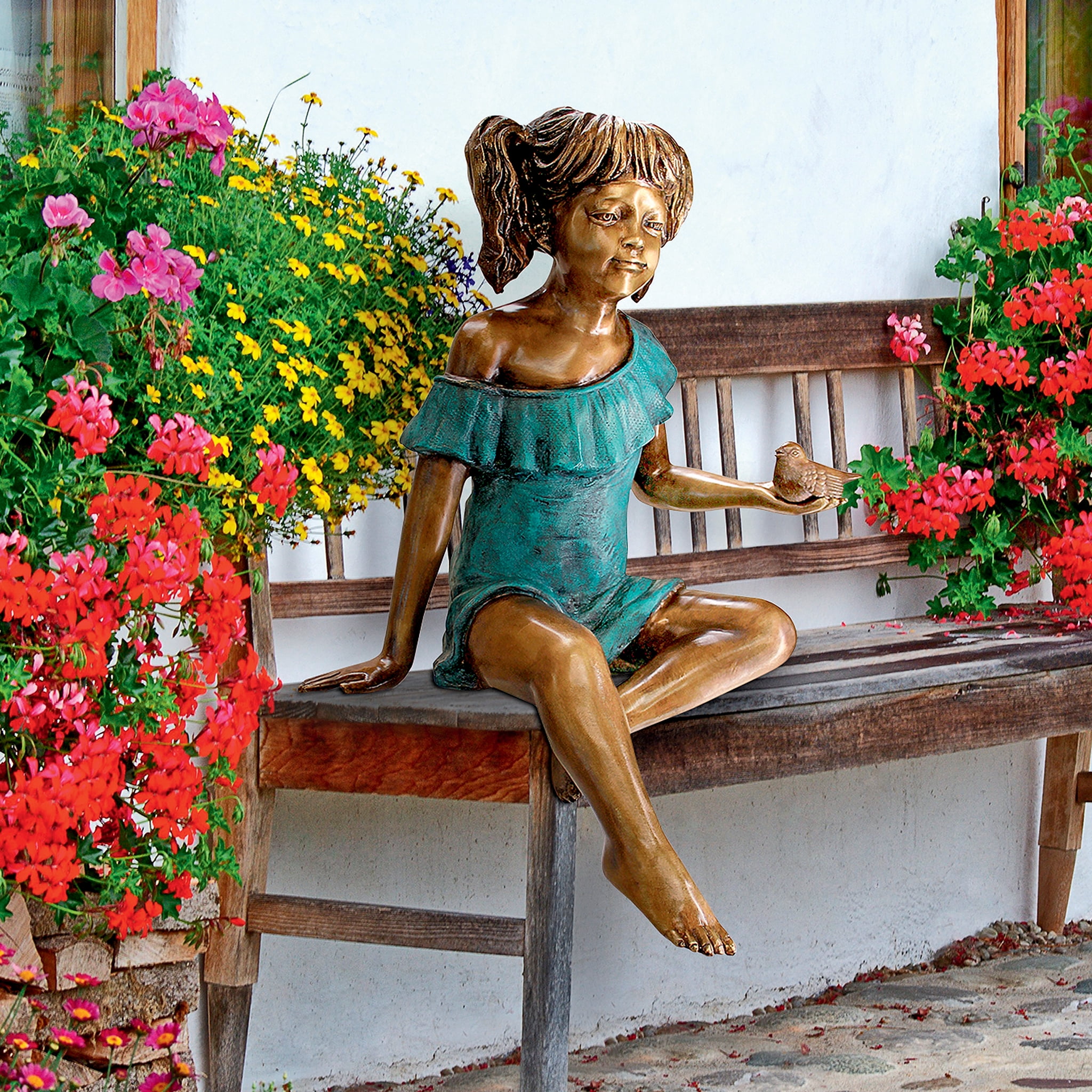 Bridgette Bronze Little Girl Garden Statue with Bird