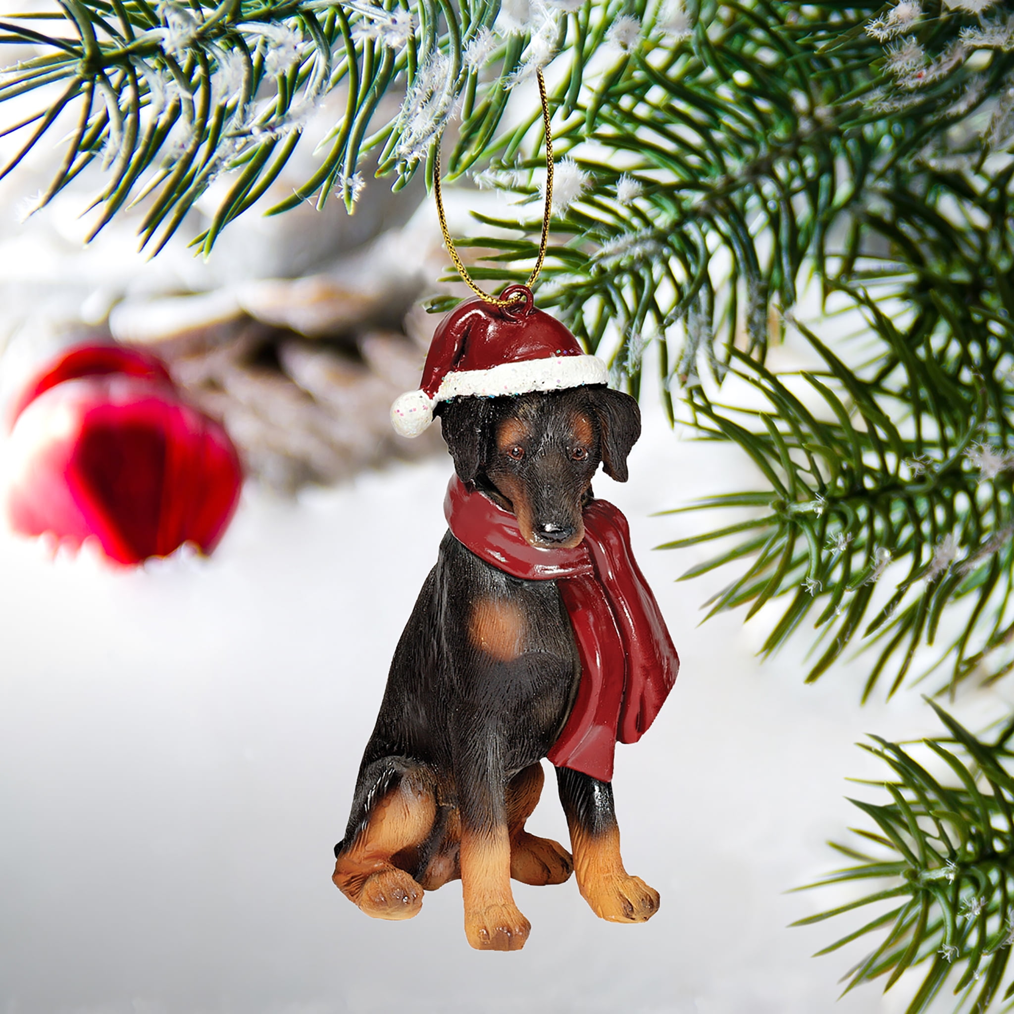 Festive Doberman Pinscher Holiday Resin Ornament with Santa Hat