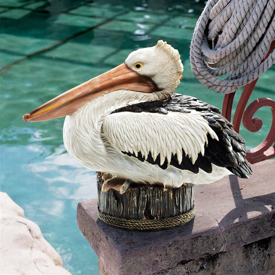 Naturalistic Hand-Painted Resin Pelican Statue on Aged Dock Post