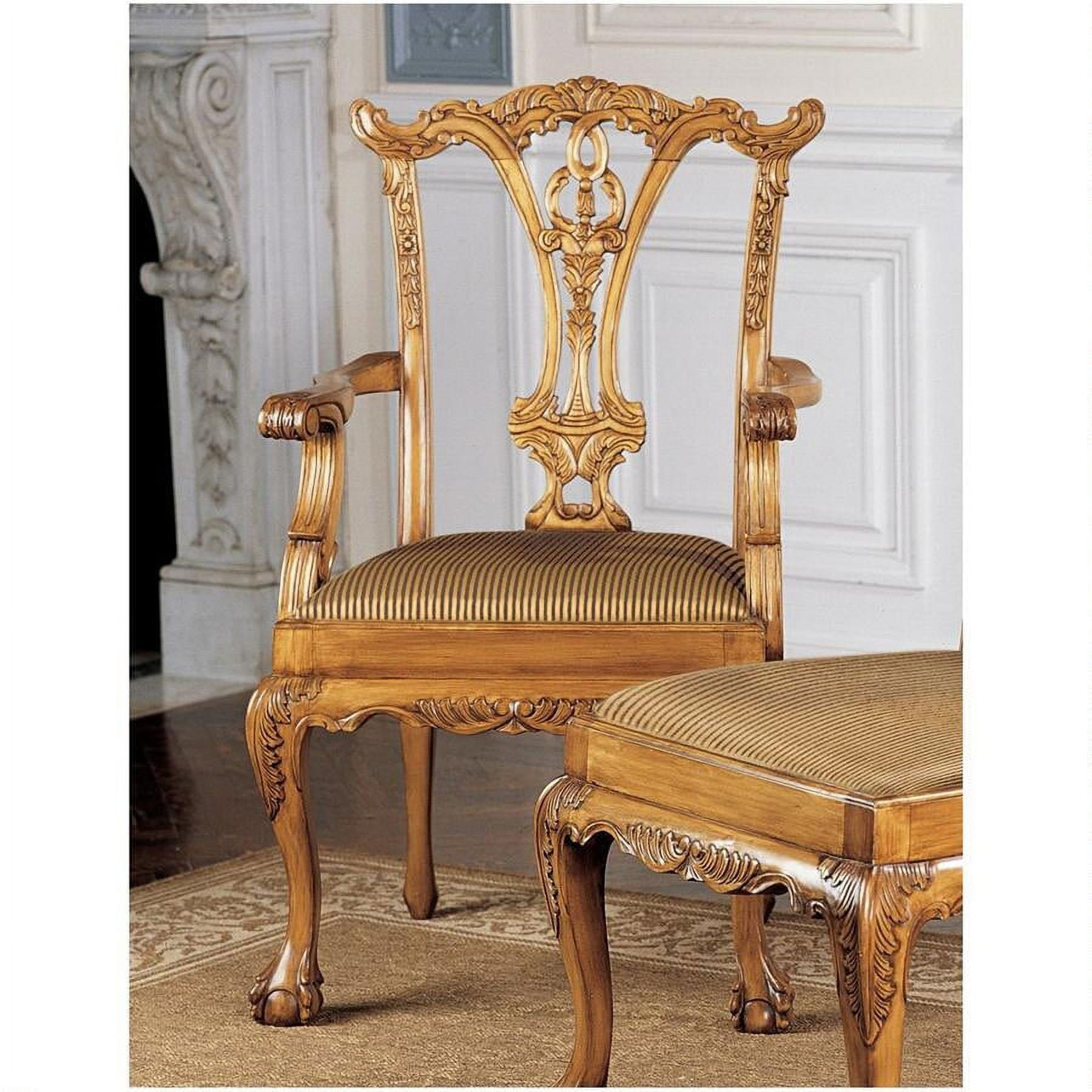 Handcrafted Mahogany English Chippendale Armchair in Blue and Gold
