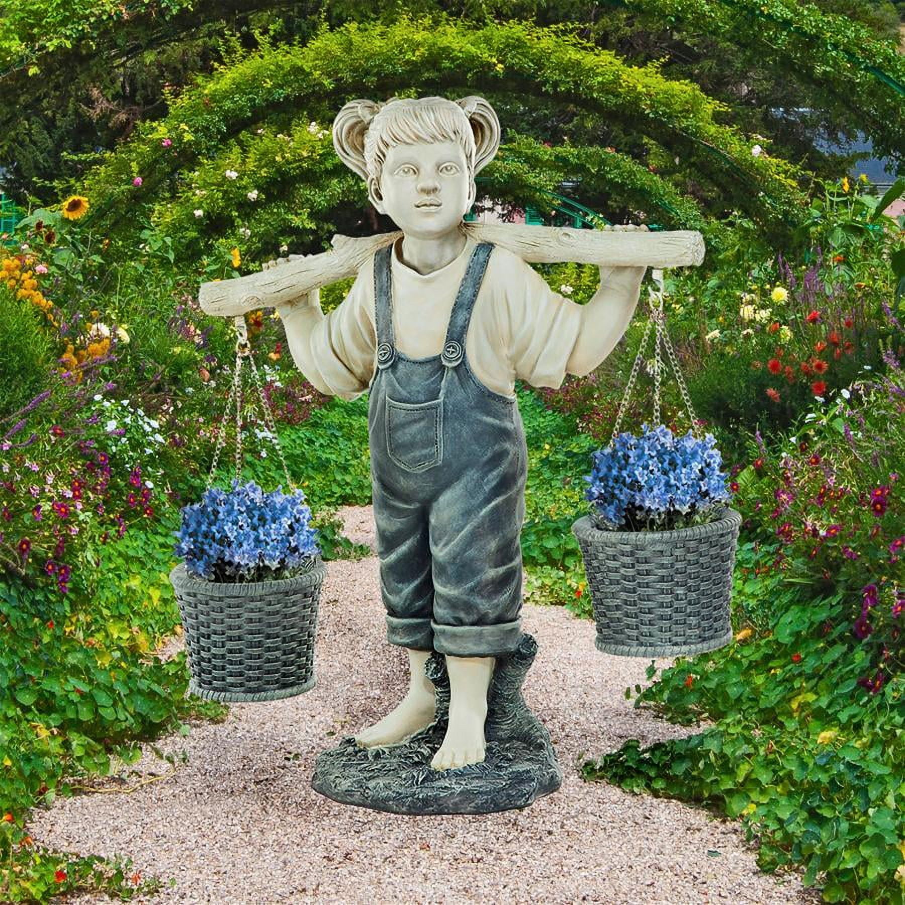 Large Off-White Resin Little Girl Garden Statue with Faux Woven Baskets