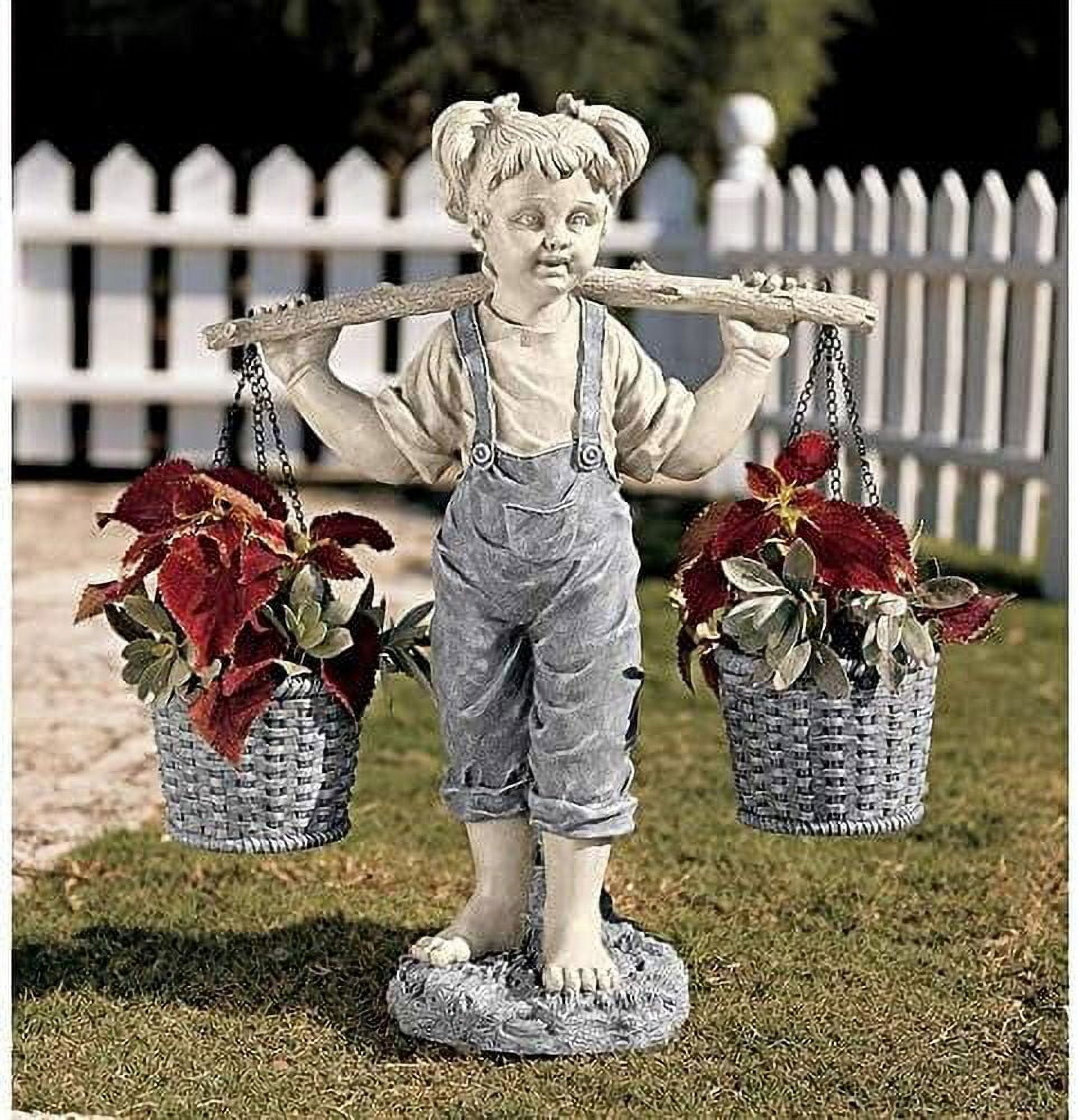 Medium Two-Tone Resin Little Girl Garden Statue with Baskets