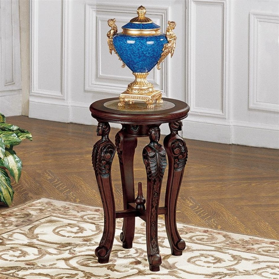 Round Wood and Stone End Table with Marble Inlay