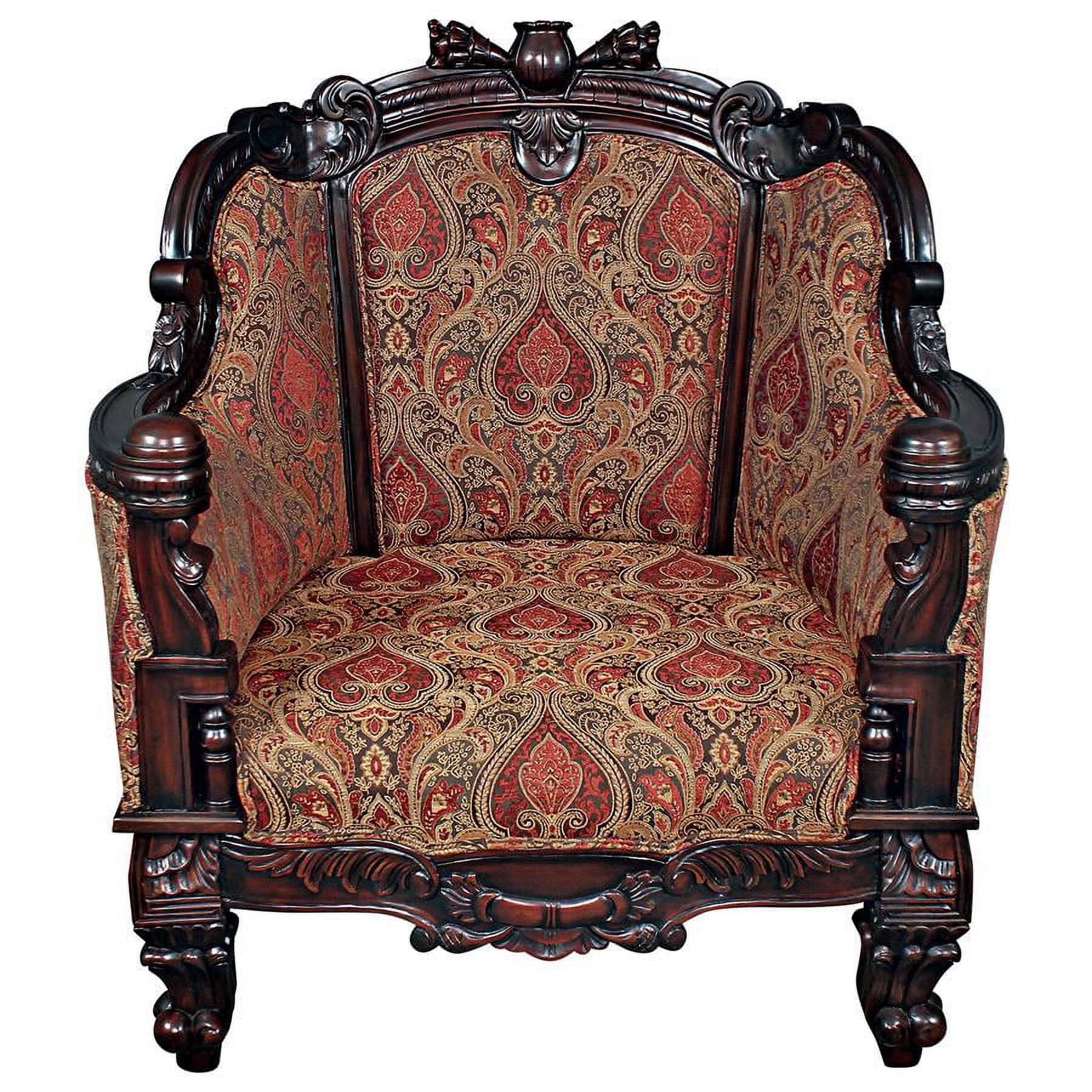 Handcrafted Mahogany Red Brocade Armchair with Carved Details