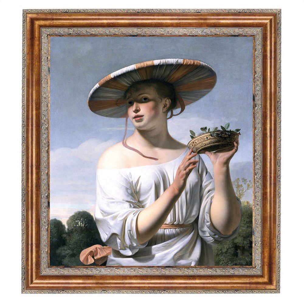 Large Gold Framed Canvas Painting of Woman with Hat