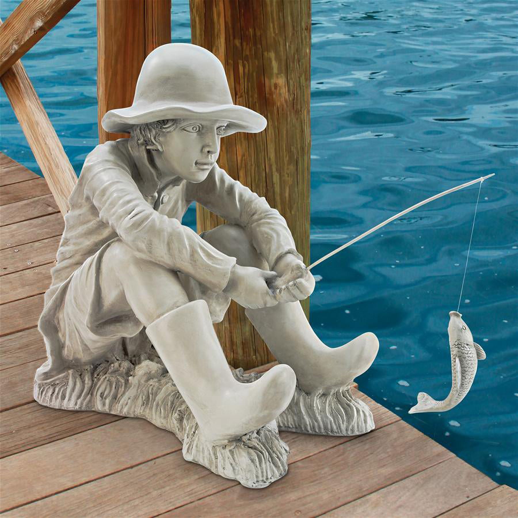 Design Toscano Gone Fishing Fisherman Boy Garden Statue, 17 Inch,  Polyresin, Two Tone Stone