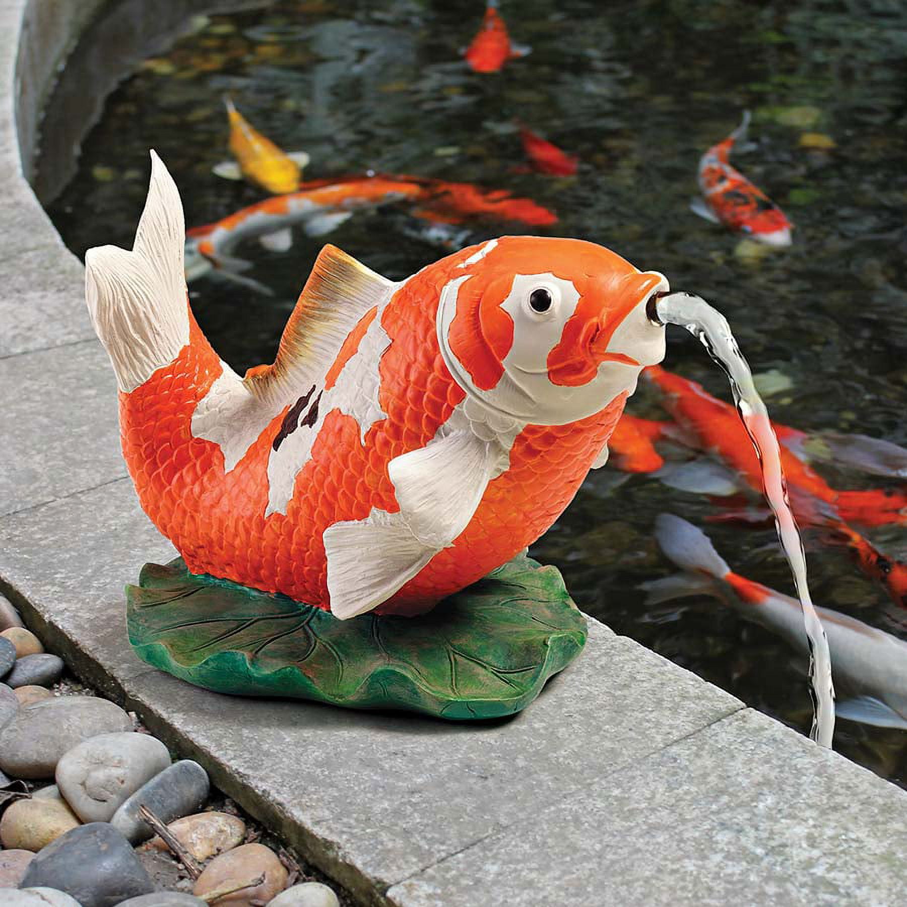 Hand-Painted Kohaku Koi Resin Garden Statue, 9.5"