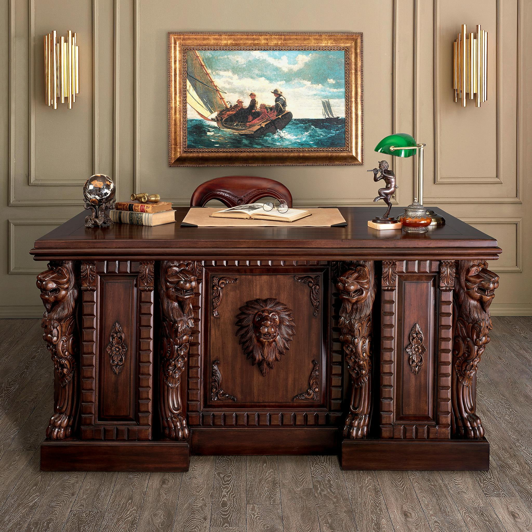 Lord Raffles Mahogany Executive Desk with Lion Carvings