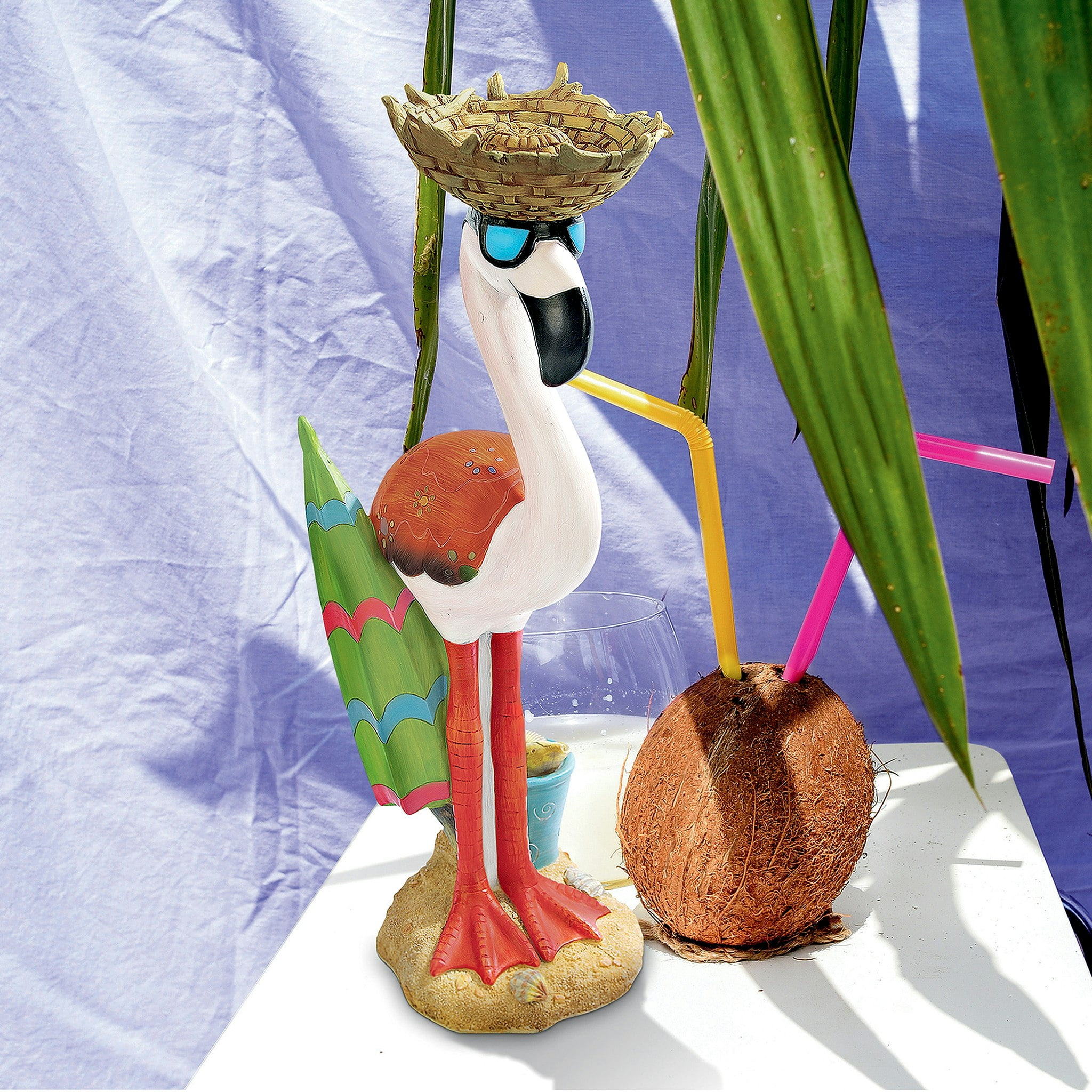 Luau Larry Pale Pink Flamingo Garden Statue with Straw Hat