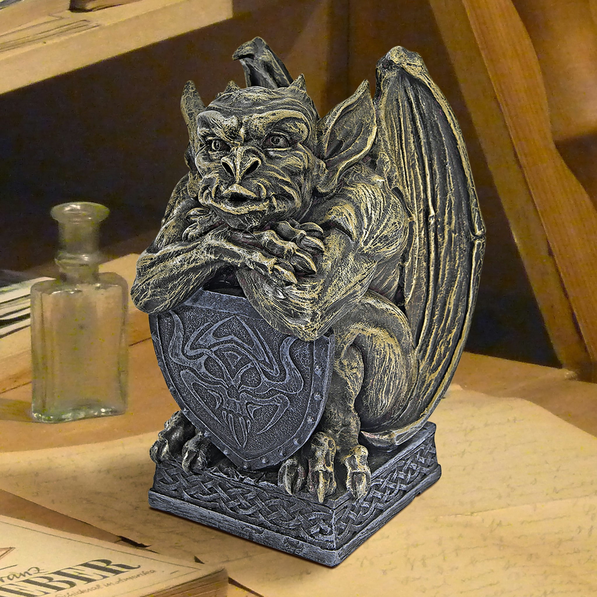 Medieval Gray Resin Gargoyle Statue with Celtic Base