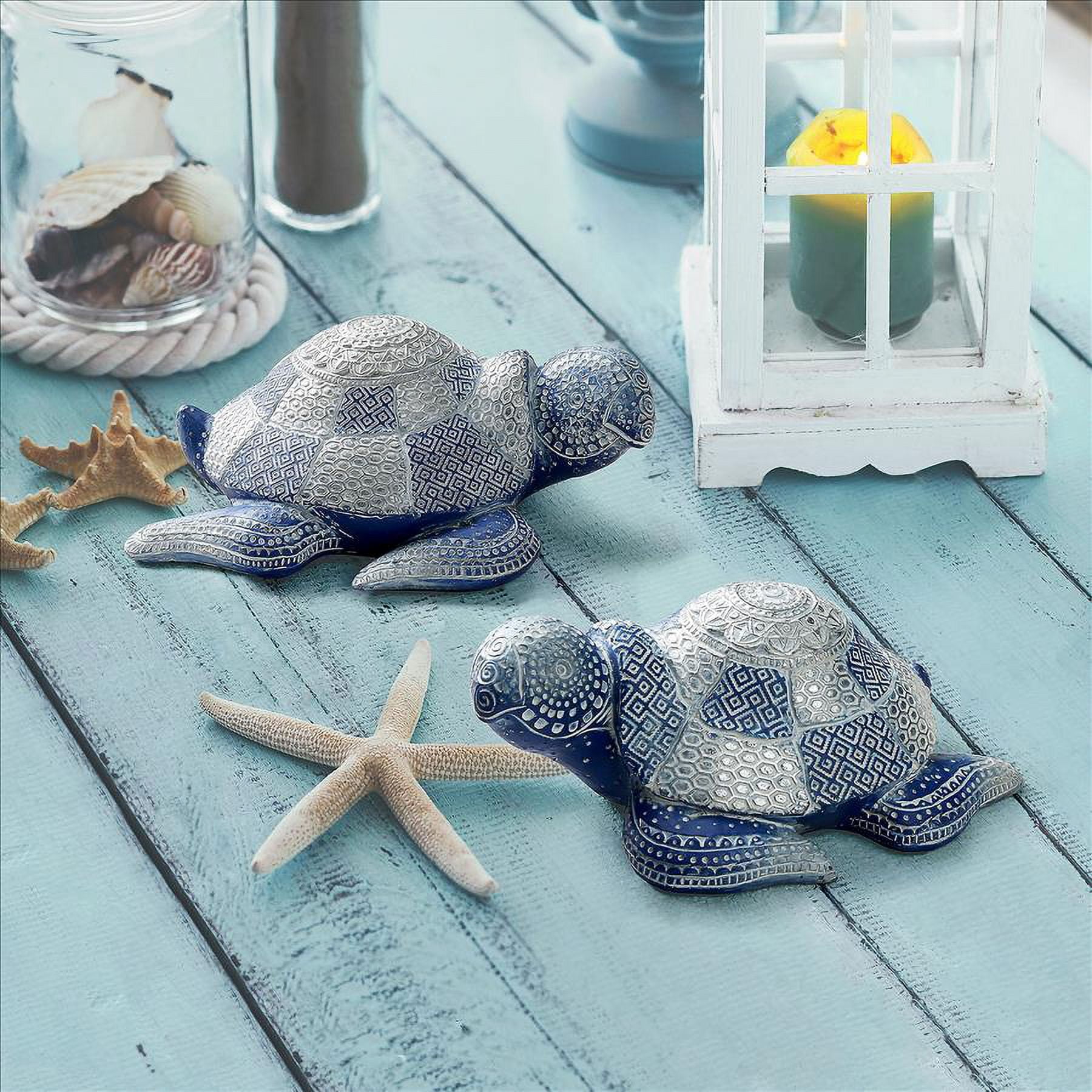 Peaceful Blue and Silver Resin Sea Turtle Figurine Set
