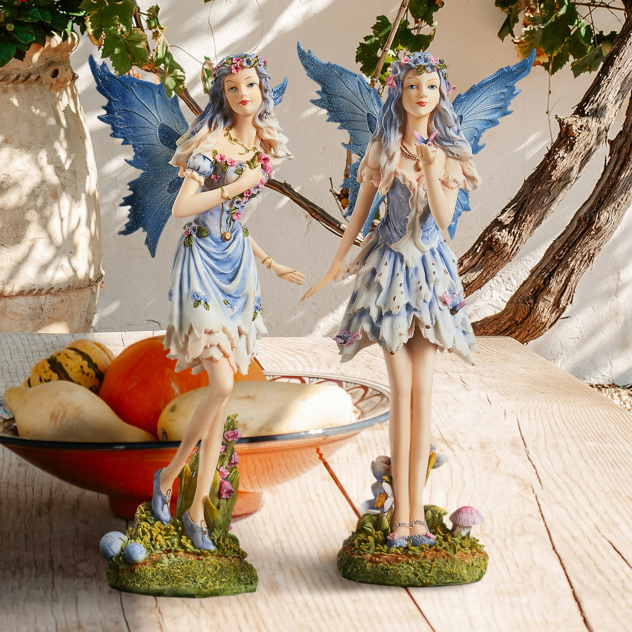 Blue and White Resin Fairy Garden Statues Set