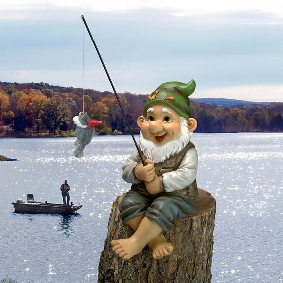 Design Toscano QM2806500 Garden Gnome Statue, Ziggy the Fishing Gnome Sitter, Outdoor Garden Gnomes, 4'' x 5'' x 9.5''
