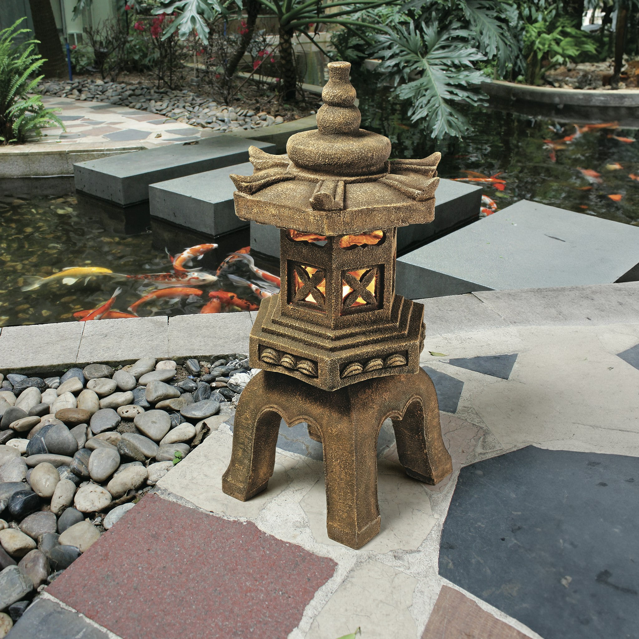 Sacred Pagoda Lantern Beige Resin Garden Statue with LED Lights