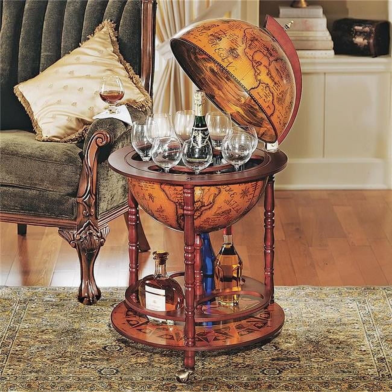 Italian Replica Globe Bar Cart Cabinet with Nautical Maps, Sepia Brown