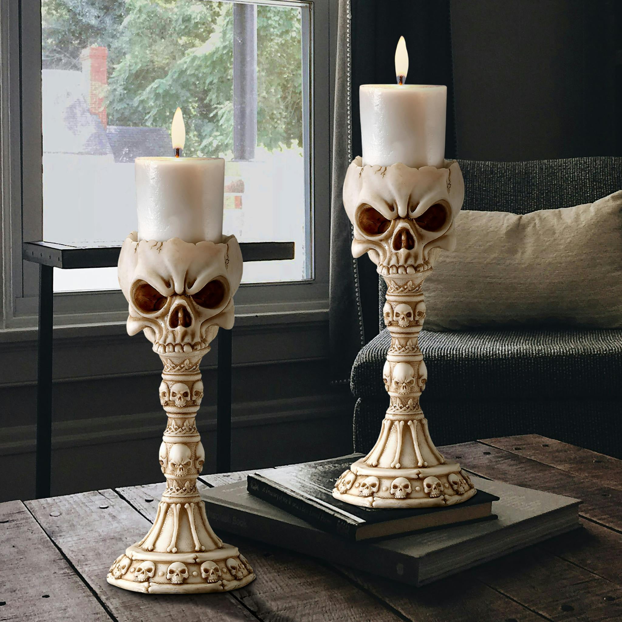 Skullduggery Gothic Fantasy Skull Tabletop Candlestick Set
