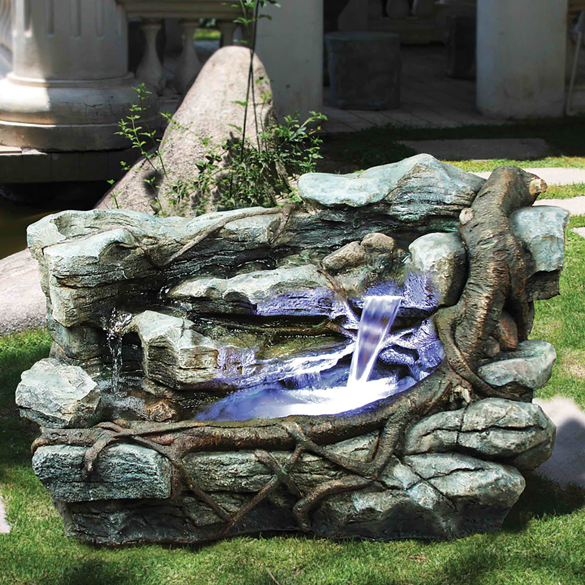 Staggered Rock Canyon Cascading Garden Fountain with LED Lights