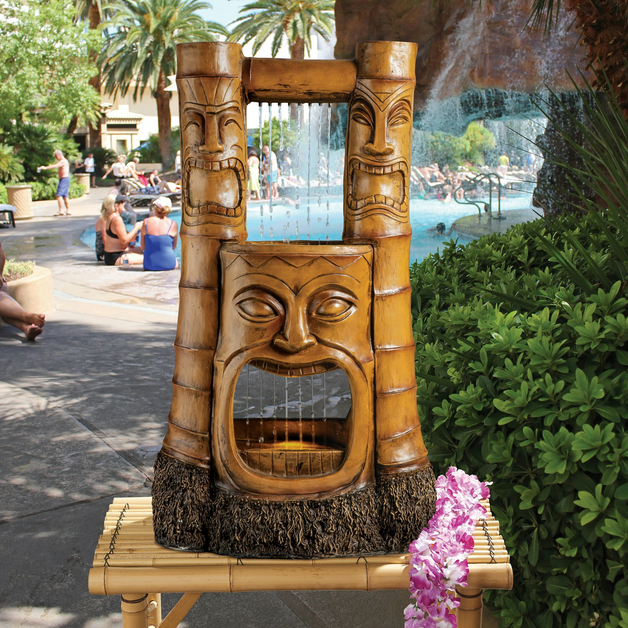 38-Inch Faux Bamboo Tiki Gods LED Outdoor Fountain