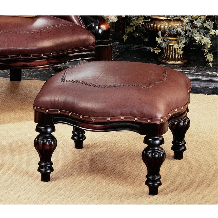 Victorian Rococo 20" Mahogany Leather Accent Ottoman