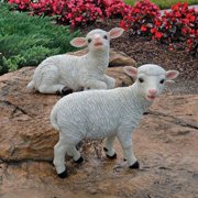 Design Toscano Yorkshire Lamb Garden Farm Animal Statues, 15 Inch, Set of Two Standing and Sitting, Polyresin, Full Color