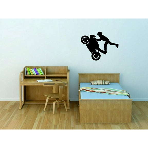 Design With Vinyl Artwork Boy Diring Motorcycle Tricks In Air Dangerous Wall Decal for Boys - Motorcross Dirt Bike Racing Handlebar Stunt Themed - Size: 38 In x 38 In