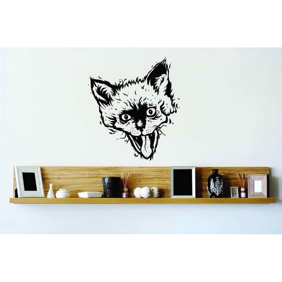 Design With Vinyl Artwork Furry Cat Kitten Face Tongue Out Purr Hiss Meow Wall Decal for Children - Kitty Kitten Fur Ball Yarn Toy Themed Décor - Size: 30 In x 30 In
