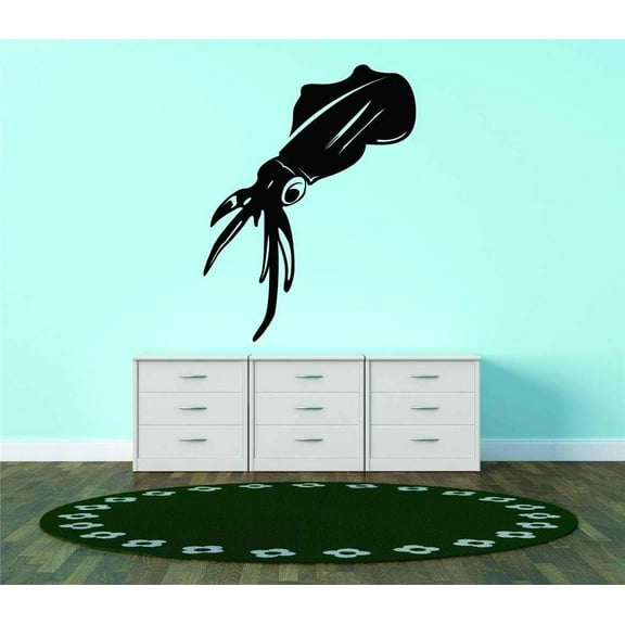 Design With Vinyl Artwork Giant Squid Sea Ocean Animal Wall Decal for Family - Open Sea Fish Bait School Nets Diving Themed Decal - Size: 13 In x 36 In