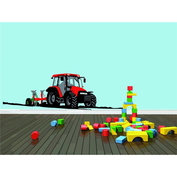 Design With Vinyl Artwork Red Tractor Pulling Plow Farmimg Fields of Crops Wall Decal for Children - Farmland Cowboy Farmer Mid West Themed Décor - Size: 5 In x 10 In
