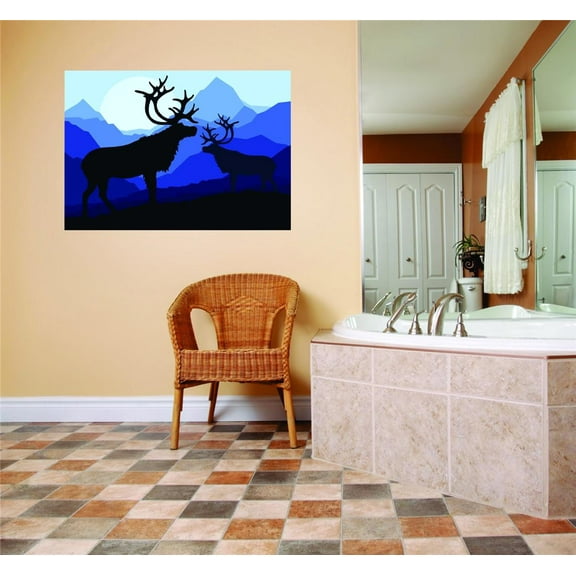 Design With Vinyl Artwork Two Moose Animals Wildlife Mountain Scene Wall Decal for Family - Hunting Hobby Color Art Design Themed Décor - Size: 7 In x 10 In