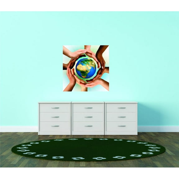 Design With Vinyl Artwork World Globe Surrounded By Hands Wall Decal for Children - Peace Clean Air Map Children Unity Themed Décor - Size: 20 In x 20 In