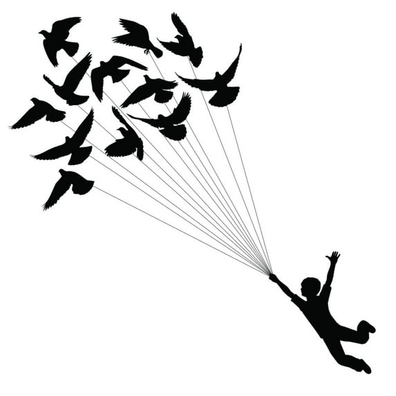 Design With Vinyl Artwork birds Boy Holding A Sting of Birds Balloon Like Wall Decal for Children - Cathartic Symbol of Love, Hope, Happiness Themed Décor - Size: 20 In x 20 In