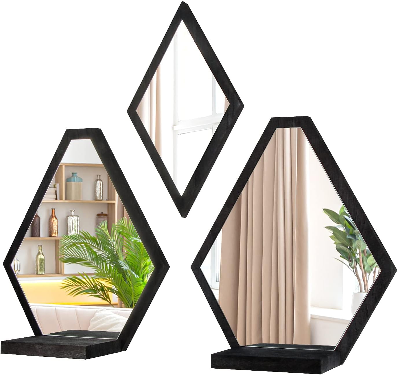 Set of 3 Black Diamond Wood Wall Mirrors with Shelves