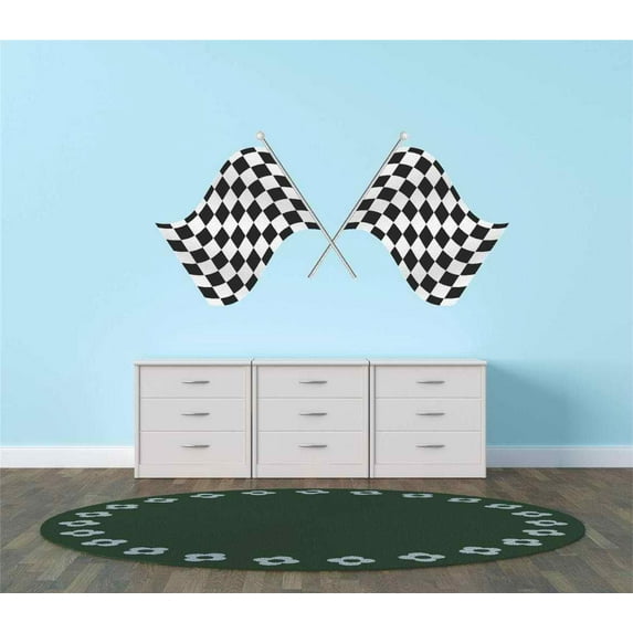 Design With Vinyl Artwork 1st Place Checkered Flag Race Car Speedway Track Wall Decal for Family - Auto Racing Competition Neck and Neck Themed Décor - Size: 9 In x 18 In