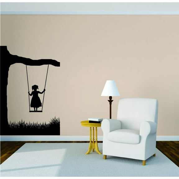 Design With Vinyl Artwork Girl Swinging On A Tree Peaceful Adorable Wall Decal for Girls - Being Young Again Happy Child Themed Décor - Size: 5 In x 10 In