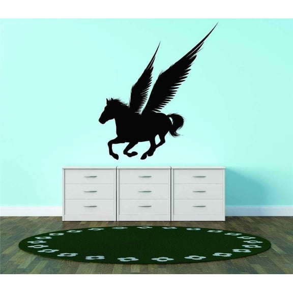 Design With Vinyl Artwork Pegasus Silhouette Winged Horse Wall Decal for Family - Hooves Animal Kingdom Horseshoe Themed Décor - Size: 27 In x 36 In