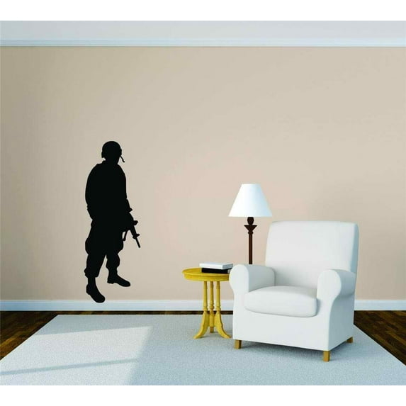 Design With Vinyl Artwork Standing Military War Soldier Silhouette Wall Decal for Children - Pride Liberty Service Men Themed Décor - Size: 13 In x 5 In