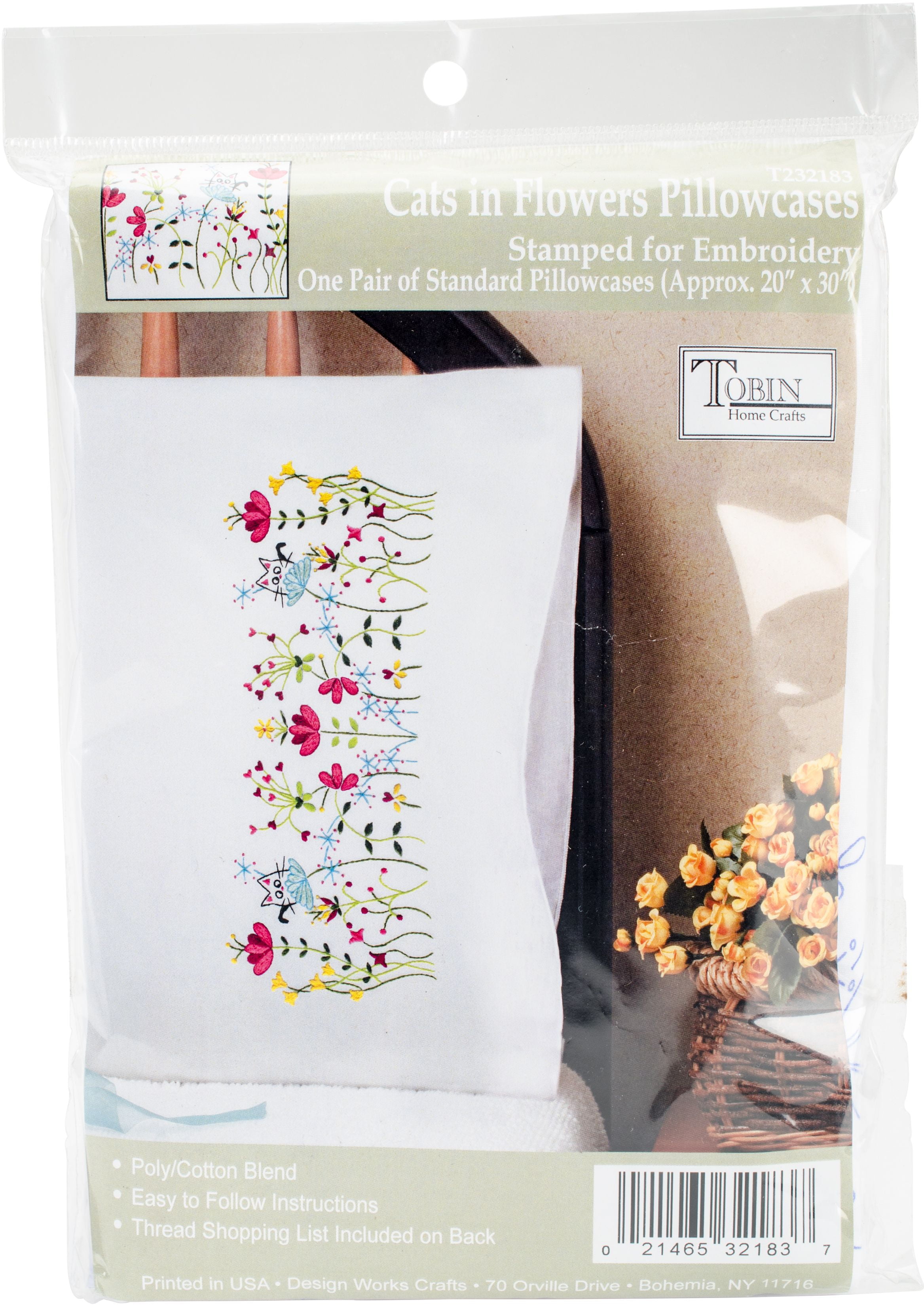 Cats in Flowers Embroidered Cotton Polyester Pillowcase Pair