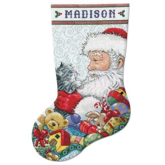 Design Works Counted Cross Stitch Stocking Kit 17" Long-Santa & Kitten (18 Count)
