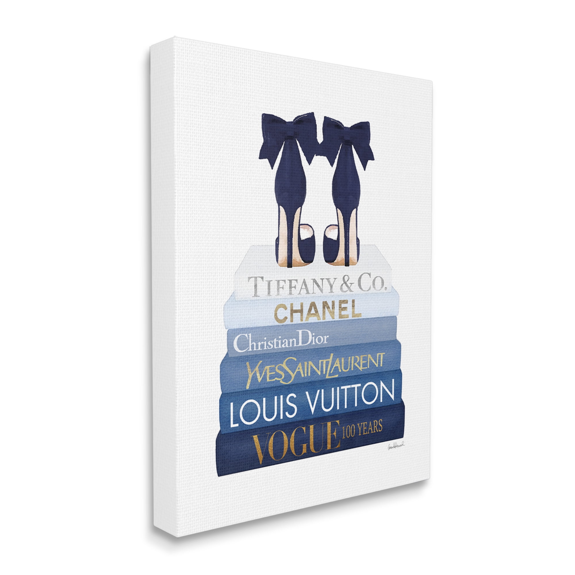 Design by Amanda Greenwood Navy Blue Bow Heels Chic Glam Bookstack 24 in x 30 in Painting Canvas Art Print, by Stupell Home Décor