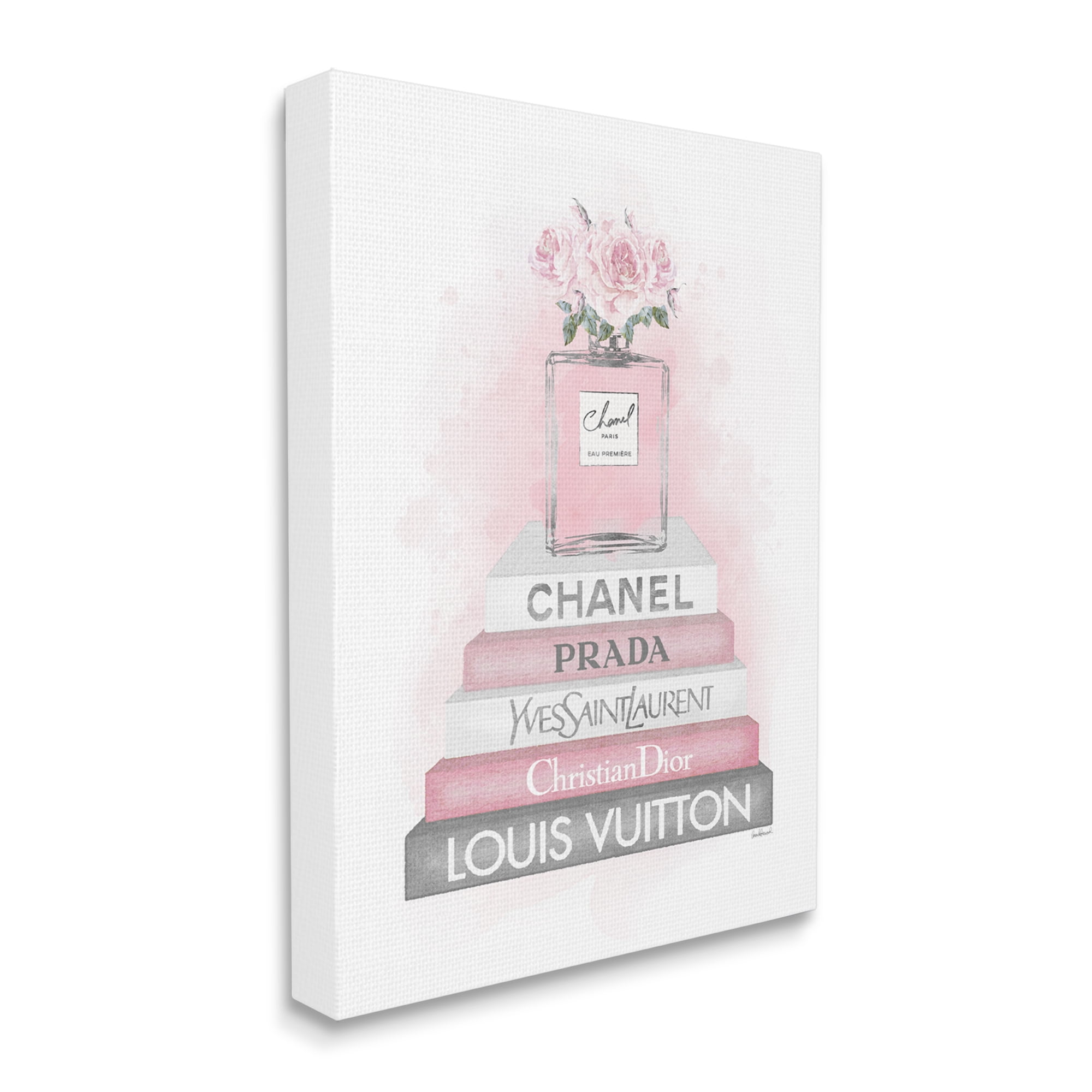 Design by Amanda Greenwood Pink Roses Perfume Bottle Glam Fashion Bookstack 16" x 20" Painting Canvas Art Print, by Stupell Home Décor