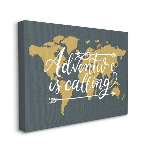 Design by Becky Thorns Adventure is Calling Phrase Arrows over World Map 20 in x 16 in Painting Canvas Art Print, by Stupell Home Décor