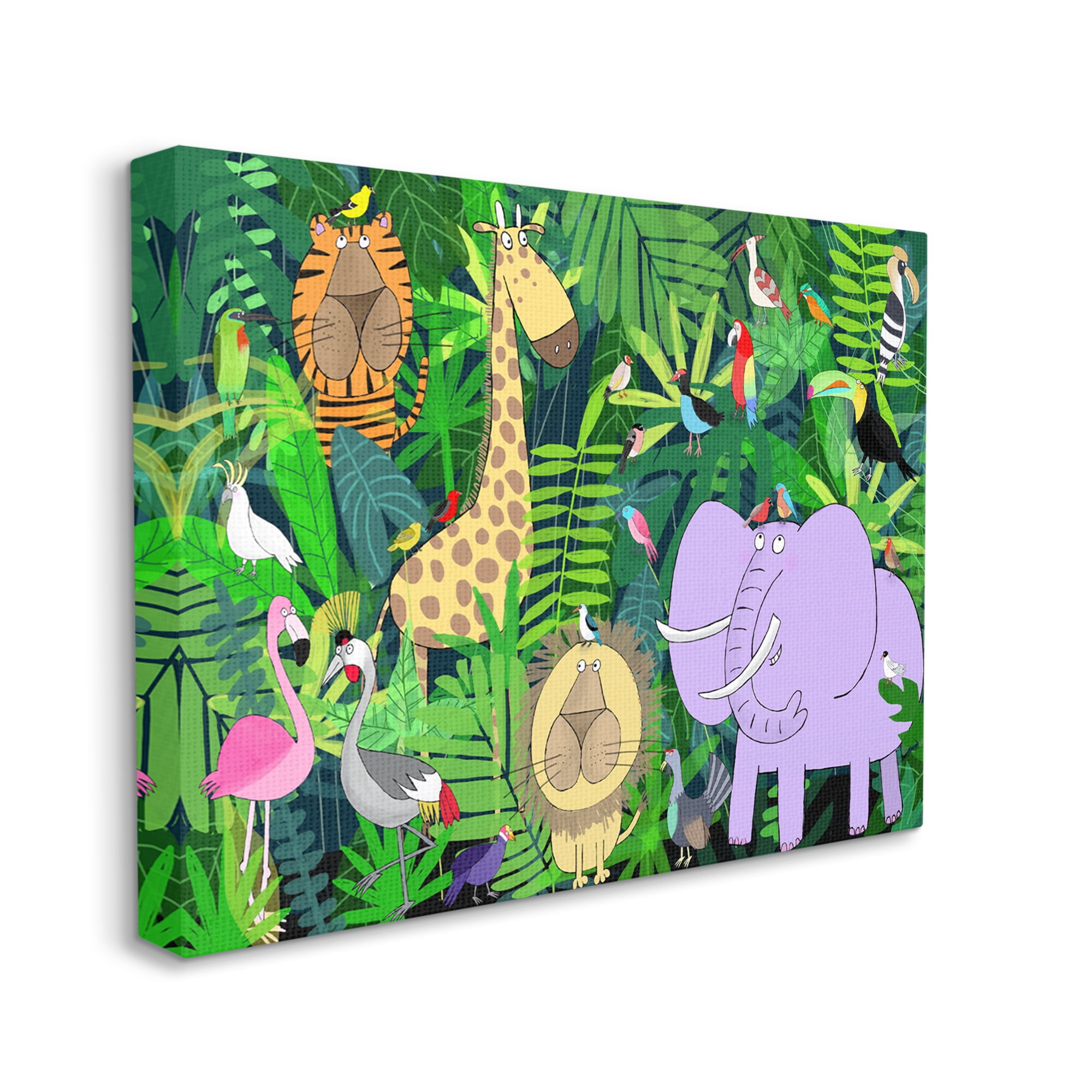 Design by Carla Daly Playful Safari Animals in Green Jungle Illustration 30 in x 24 in Painting Canvas Art Print, by Stupell Home Décor
