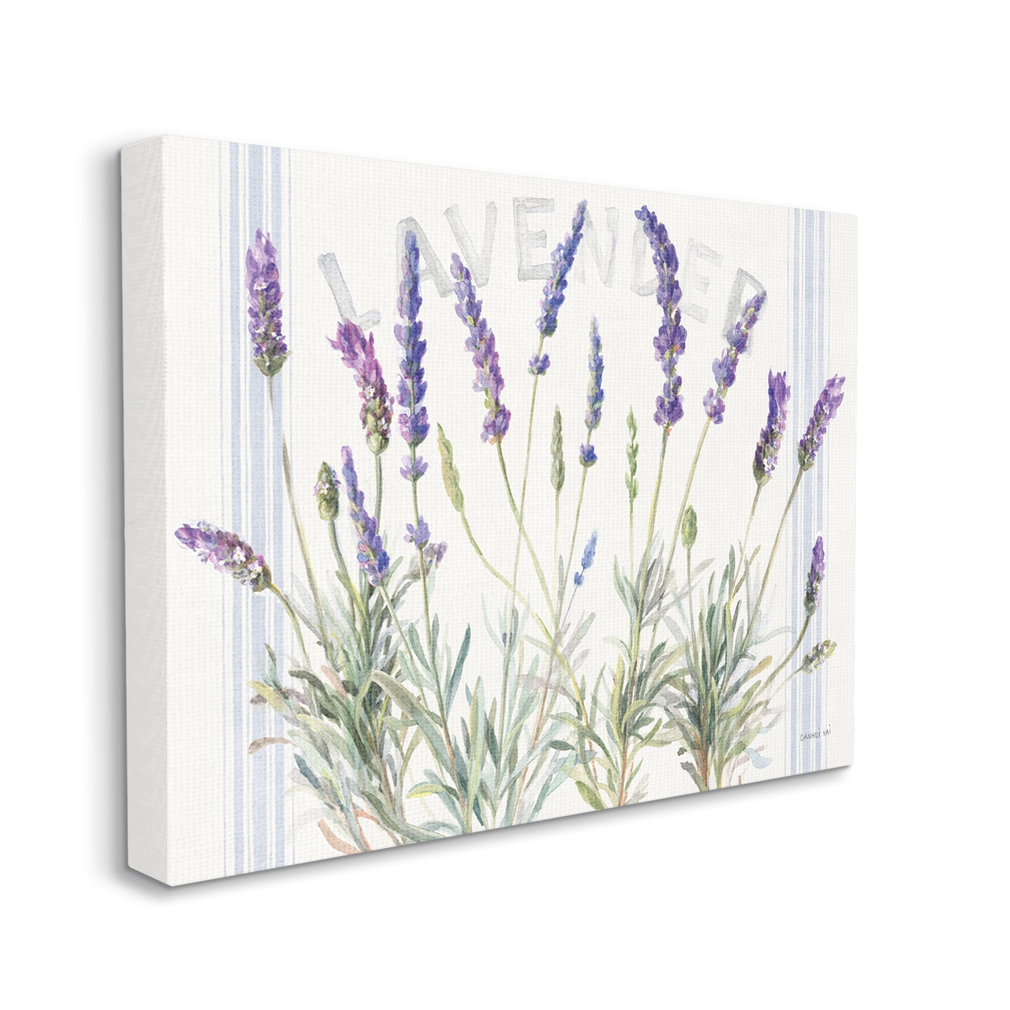 Design by Danhui Nai Lavender Floral Cluster Farmhouse Bistro Stripes 48 in x 36 in Painting Canvas Art Print, by Stupell Home Décor