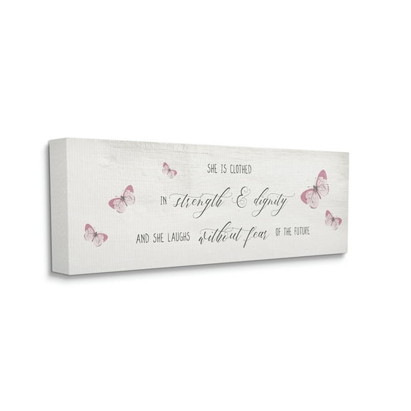 Design by Daphne Polselli Clothed in Strength and Dignity Phrase Pink Butterflies 48 in x 20 in Painting Canvas Art Print, by Stupell Home Décor