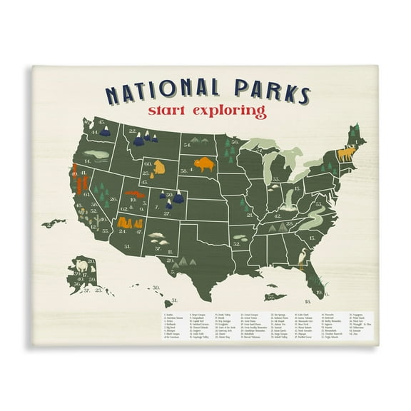 Design by Daphne Polselli National Parks Map with Numbered Key United States 30 in x 24 in Painting Canvas Art Print, by Stupell Home Décor